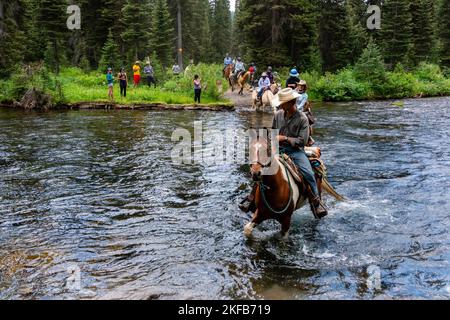 Vue sur un train à grande vitesse traversant la rivière Bechler dans la partie sud-ouest du parc national de Yellowstone ; Wyoming, États-Unis. Banque D'Images