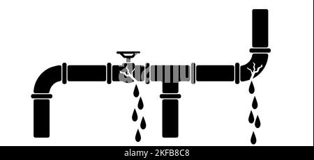 Fuite, rupture du tuyau de pétrole ou de gaz avec les raccords et les vannes. Pipeline, robinet noir, ouvert, fermé. Jet d'eau de dessin animé avec conduite de fuite, système de plomberie Banque D'Images