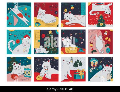 Calendrier de l'Avent des éléments de Noël dessinés à la main avec chat. Joli mini calendrier de l'Avent pour 12 jours Illustration de Vecteur