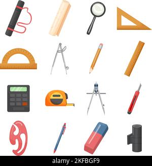 Les icônes de l'équipement d'architecte définissent le vecteur de dessin animé. Conception scolaire Illustration de Vecteur
