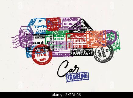 Voiture faite à partir d'un passeport timbres différents pays affiche style Illustration de Vecteur