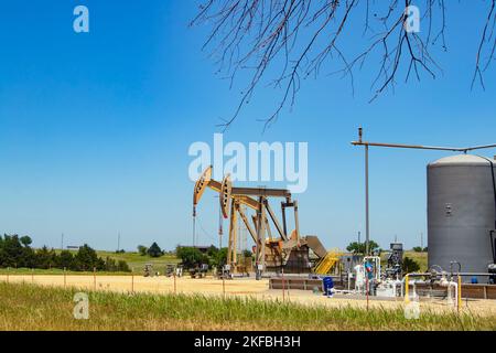 Deux crics à pompe à une station de pompage avec des réservoirs et des machines avec quelques bâtiments de ferme à l'horizon sous un ciel bleu avec quelques branches d'arbre pendent le faire Banque D'Images