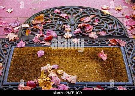 Tapis de porte avant avec feuilles d'automne colorées - attention au premier plan. Banque D'Images