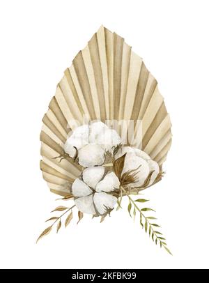 Bouquet de Bohème aquarelle avec feuilles de palmier séchées tropicales et fleurs de coton blanc. Illustration dessinée à la main dans le style Boho sur un arrière-plan isolé dans des couleurs beige. Dessin pour les invitations de mariage. Banque D'Images
