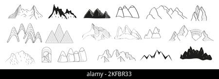 Montagnes doodle icônes ensemble de vecteur. Ensembles de silhouettes de rochers. Chaînes et hauts de montagne dans un style linéaire. Logo de randonnée d'hiver. Illustration de Vecteur