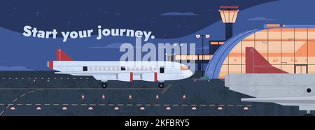 Terminal de nuit avec bâtiment de l'aéroport et avion. Avions sur piste sur fond de ciel sombre. Aérodrome de métropole plate avec des lumières et des avions lumineux. Voyage en avion ou en vacances par transport aérien Illustration de Vecteur