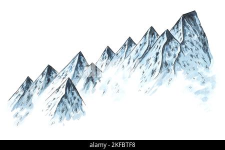 Haut sommet montagnes aquarelle illustraration bleu sur blanc Banque D'Images