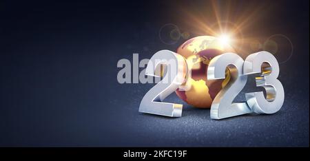 Carte de vœux du nouvel an 2023 : numéros de date argentés avec un globe terrestre doré, brillant sur fond noir - illustration 3D Banque D'Images