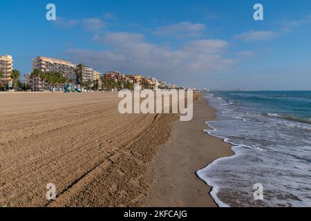 Peniscola Espagne belle plage de sable une des meilleures plages de la Costa del Azahar avec des palmiers Banque D'Images