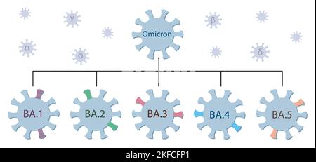 Variante OMICRON et ses principaux sous-types BA.1, BA.2, BA.3, BA.4 et BA.5. Arbre généalogique OMICRON. Icônes de virus Covid-19 avec noms. Illustration de Vecteur