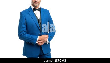 homme court en costume bleu et noeud papillon. homme d'affaires isolé sur blanc. boss habillé Banque D'Images