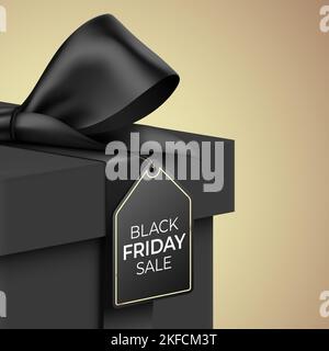 Bannière vectorielle Black Friday sale. Vue rapprochée d'une boîte-cadeau noire de qualité supérieure, enveloppée d'un ruban en satin et d'une étiquette suspendue, sur un fond doré. Illustration de Vecteur