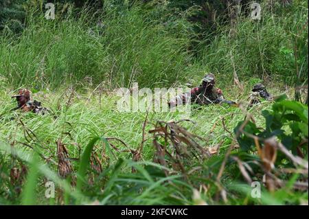 Des soldats béninois du Bataillon de parachutistes Commando 1st assurent la sécurité du peloton Alpha lors d'un entraînement mixte d'exercices (JCET) à Ouassa, au Bénin, le 7 septembre 2022. Les forces des opérations spéciales américaines évaluent souvent les capacités de la force de la nation hôte afin de déterminer les possibilités d'engagement et de partenariat futurs aux États-Unis. Banque D'Images