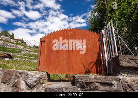 Une porte de jardin rustique en fer aux vignobles en terrasse de lavaux à saint-saphorin, en suisse, en lisant le "petit plan" traduit du français Banque D'Images