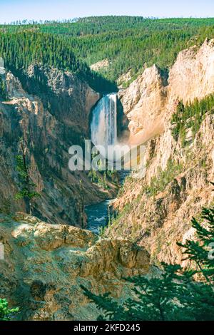 Regardez vers le bas ou en face de Lower Yellowstone Falls dans le parc national de Yellowstone, États-Unis. L'eau coule et se déverse sur des rochers escarpés dans le canyon de Yellowstone. Banque D'Images