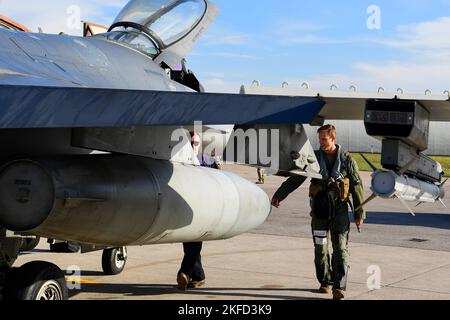 Base aérienne d'Aviano, Italie. 8th novembre 2022. Un pilote affecté à l'escadron de chasseurs 510th effectue des vérifications avant le vol pendant l'exercice Poggio Dart à la base aérienne d'Aviano, en Italie, le 8 novembre 2022. Poggio Dart est un exercice mené par l'OTAN et axé sur le renforcement de l'interopérabilité entre les alliés des forces aériennes des États-Unis, de l'Italie, de la Grèce et de la Turquie. Credit: US Air Force/ZUMA Press Wire Service/ZUMAPRESS.com/Alamy Live News Banque D'Images