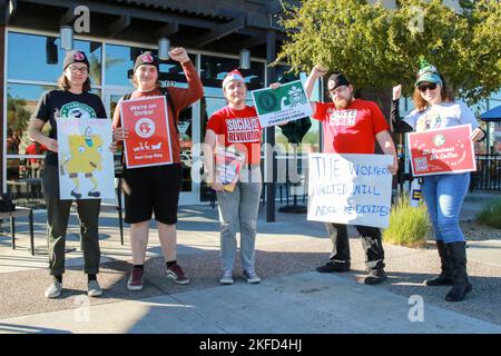 Les partisans et les travailleurs syndicaux d'un café Starbucks de Power and Baseline posent pour une photo pendant qu'ils participent à la grève nationale d'une journée à Mesa, Arizona, États-Unis, sur 17 novembre 2022. Plus de 2 000 employés de 112 sites Starbucks sont en grève dans ce qu'ils appellent la rébellion de la coupe Rouge pour protester contre les représailles prises contre les partisans syndicaux dans tout le pays. Les grévistes distribuent des gobelets Red Starbucks Workers United aux clients dans le cadre de la plus grande Journée nationale d'action coordonnée menée par les magasins Starbucks dans l'histoire de la campagne. (Photo : Alexandra Buxbaum/Sipa USA) Banque D'Images