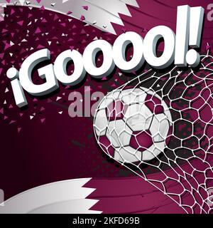 Mot GOOOOL en police blanche 3D à côté d'une balle de football marquant un but sur un fond de drapeaux qatari et confetti blanc et rouge. Image vectorielle Illustration de Vecteur