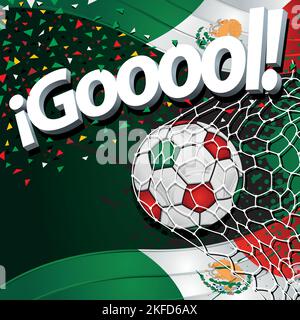 Mot GOOOOL en caractères blancs 3D à côté d'une balle de football marquant un but sur un fond de drapeaux mexicains et de confetti vert, blanc et rouge. Vecteur Illustration de Vecteur