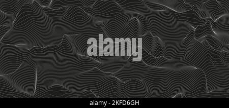 Arrière-plan abstrait avec formes de ligne déformées sur fond noir. Ondes sonores monochromes. Illustration de Vecteur