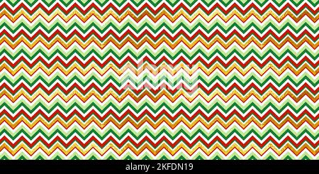 Rouge et vert vintage Craft texturé sans couture chevrons zigzag rayures motif de Noël avec une décoration dorée brillante. Carte de Noël rétro à chevrons Banque D'Images