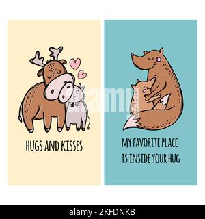 BANNIÈRES AVEC DES HUGS et des kisses Pères Deer et Fox Hugs ses enfants relation parentale dessin main dessin de dessin animé animaux scénario Illustration ensemble pour l'impression Illustration de Vecteur