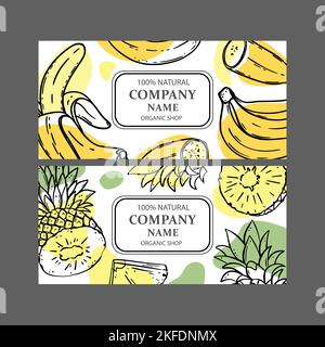 ÉTIQUETTES BANANE ANANAS conception d'autocollants pour la boutique de produits biologiques naturels de fruits frais légumes et de boissons desserts en style esquisse Vector Illus Illustration de Vecteur