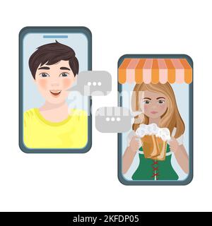 MAGASIN DE BIÈRE en ligne Trading smartphone Cartoon Girl Boy communication Vector Illustration Set pour l'impression Illustration de Vecteur