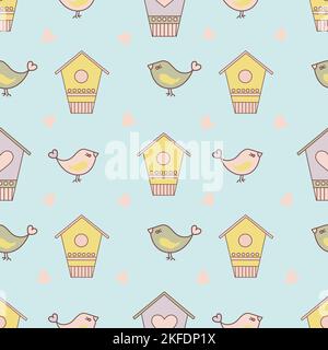 MOTIF D'OISEAU ET de Birdhouse de couleur jaune sur fond bleu clair dessin animé sans couture Illustration vectorielle pour impression Illustration de Vecteur