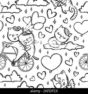 CHATS DE VÉLO sur nuages Kitten Cupid pousses tir à l'arc en amoureux Saint-Valentin dessin animé animaux Monochrome main dessin fluide dessin vectoriel Illustration Illustration de Vecteur