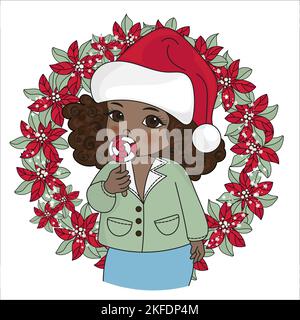 PORTRAIT DE NOËL NOIR Mermaid Flower Wreath Girl Cartoon nouvel an Merry Christmas Holiday Vector Illustration Set for Print Illustration de Vecteur