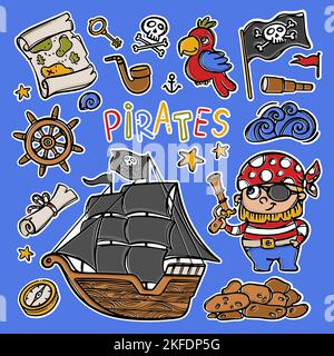 VOILES NOIRES Voilier avec drapeau de crâne sur mât dessin main dessin de dessin animé autocollants de pirate Clipart Sea attributs et objets vecteur Illustration Set pour le design Illustration de Vecteur