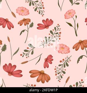 Fleurs sauvages et feuilles sans couture Banque D'Images