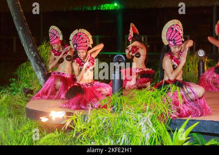 Des danseuses de Rarotonga, aux îles Cook, se produisent lors d'un spectacle culturel nocturne Banque D'Images