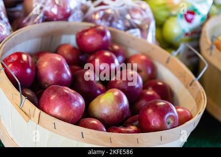 Panier de pommes rouges exposé sur un marché agricole en automne. Banque D'Images