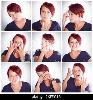 Les nombreuses humeurs de moi. Photo composite d'une femme qui fait différentes expressions du visage. Banque D'Images