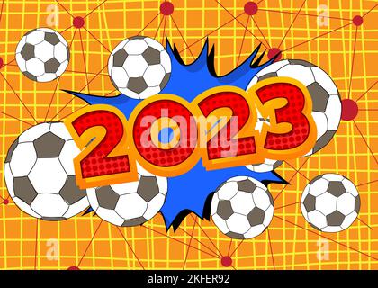 Ballon de football numéro 2023. Affiche de sport de dessin animé. Illustration de Vecteur