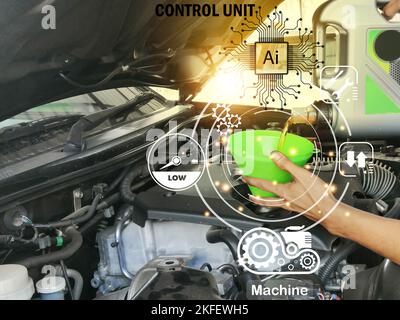 Concept l'utilisation de l'intelligence artificielle (ai) pour aider à vérifier les intervalles d'entretien du moteur, les applications aident à vérifier. Banque D'Images