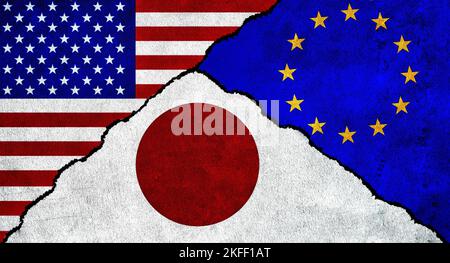 Les Etats-Unis, le Japon et l'Union européenne (UE) drapeau ensemble sur le mur. Relations diplomatiques entre les États-Unis d'Amérique, l'UE et le Japon Banque D'Images