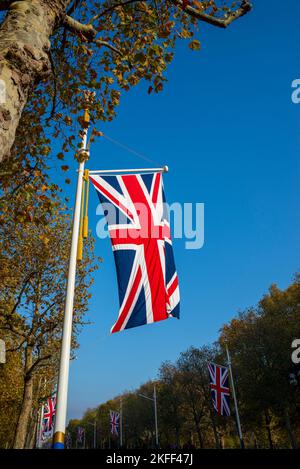 Drapeau de l'Union Jack suspendu au poteau dans le Mall, Londres, Royaume-Uni Banque D'Images