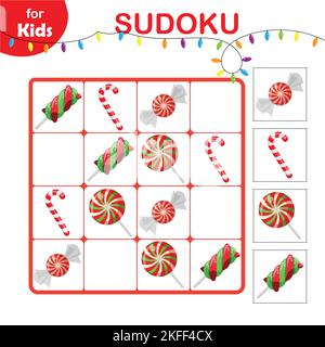 mini jeux pour enfants. Jeu de mémoire, Sudoku pour les enfants. Bonbons de Noël, sucettes Illustration de Vecteur