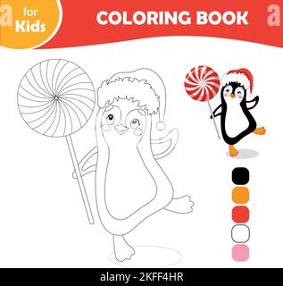 Livre de coloriage pour enfants. Manchot dans le chapeau du nouvel an avec un Lollipop dans les mains Illustration de Vecteur