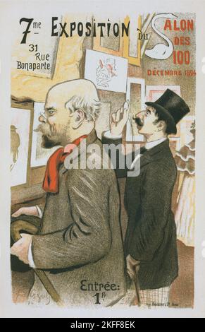 Affiche pour la « 7E exposition du salon des cent ». Au Premier plan, Paul Verlaine ; tr&#XE8;s& fid#XE8;le portrait du po&#XE8;te. Au deuxi&#XE8;me plan, M. Jean Mor&#xe9;AS., C1896. [Editeur: Imprimerie Chaix; lieu: Paris] Banque D'Images