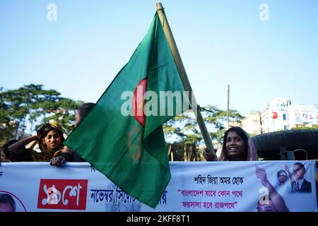 Sylhet, Sylhet, Bangladesh. 18th novembre 2022. Un jour avant la réunion de masse, les dirigeants et les travailleurs de BNP et des organisations alliées viennent au lieu de rassemblement avec un cortège. Une réunion de masse de la division du BNP aura lieu samedi sur le terrain officiel d'Aliya Madrasa, dans la région de Chowhatta. La grève des transports a déjà été annoncée dans tous les districts de la division de Sylhet. En raison de la grève, les dirigeants et les travailleurs venus au rassemblement de différents districts ont déménagé à Sylhet et le lieu du rassemblement plus tôt. (Image de crédit : © MD Akbar Ali/ZUMA Press Wire) Banque D'Images