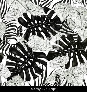 Arrière-plan tropical noir et blanc abstrait. Papier peint sans couture avec feuilles de monstère noires, feuilles tropicales blanches, papillons. Design de luxe pour le fabuleux Banque D'Images
