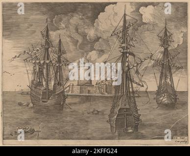 Quatre maîtres (à gauche) et deux trois maîtres ancrés près d'une île fortifiée avec un phare, 1565. Banque D'Images