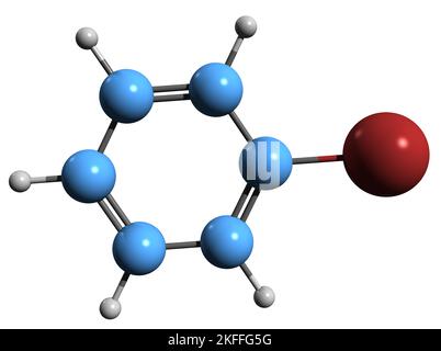 3D image de la formule squelettique du bromobenzène - structure chimique moléculaire de l'halogénure d'aryle bromure de phényle isolé sur fond blanc Banque D'Images