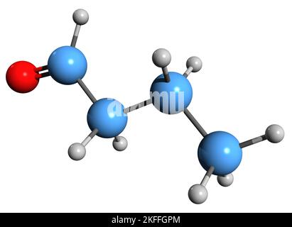 3D image de la formule squelettique du butyraldéhyde - structure chimique moléculaire du butanal isolé sur fond blanc Banque D'Images