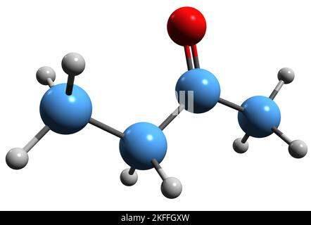 3D image de la formule squelettique de Butanone - structure chimique moléculaire de la méthyléthylcétone isolée sur fond blanc Banque D'Images