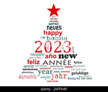 carte de vœux 2023 new year multilingue word cloud en forme d'arbre de noël Banque D'Images